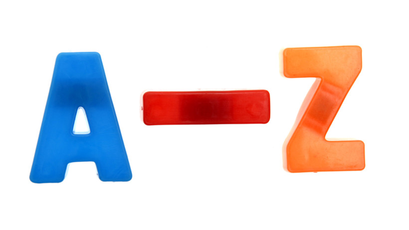 Large blue capital letter A, then large red dash, then large orange capital Z, meaning a to z list.